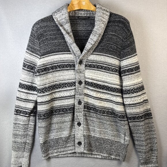 Banana Republic Cardigan Mens M Striped Shawl Collar Merino Wool Blend Grandpa - Picture 1 of 12